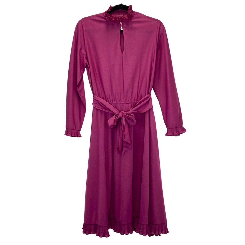Vintage It's A Lehigh 1970s Dress Keyhole Ruffle Magenta Belted Ruffle Soft-Girl